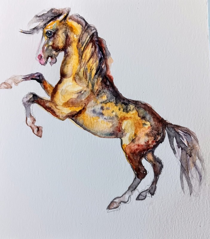 Original watercolor painting,equine,Horse running art burnt orange tealblue 6×7″