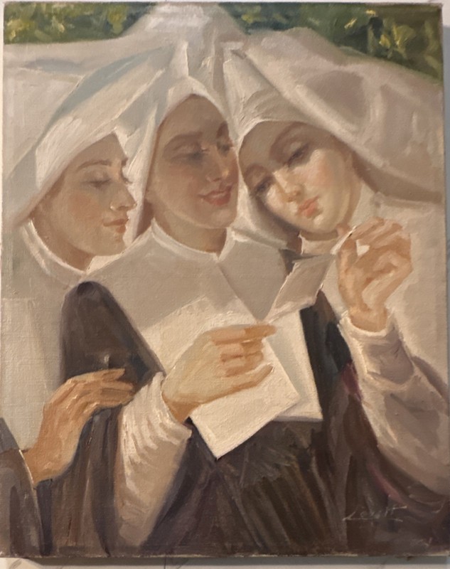 Antique Art Nouveau Oil Painting Three Nuns Catholic Religious Convent Art