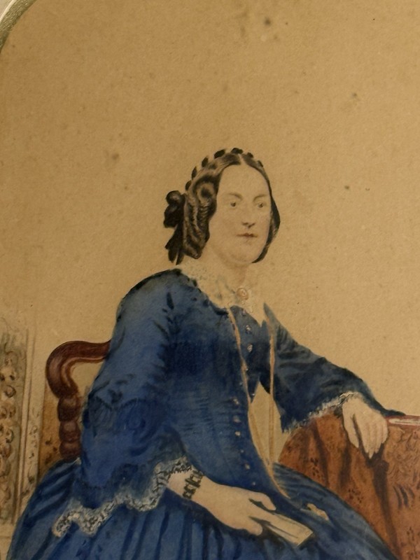 Antique Victorian Watercolor Portrait of Lady w/ Period Lemon Gold Frame gallery