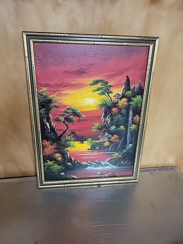 Asian Oriental Painting On Canvas Sunset Mountains Waterfall Ship 22 × 15 - 5/8s gallery