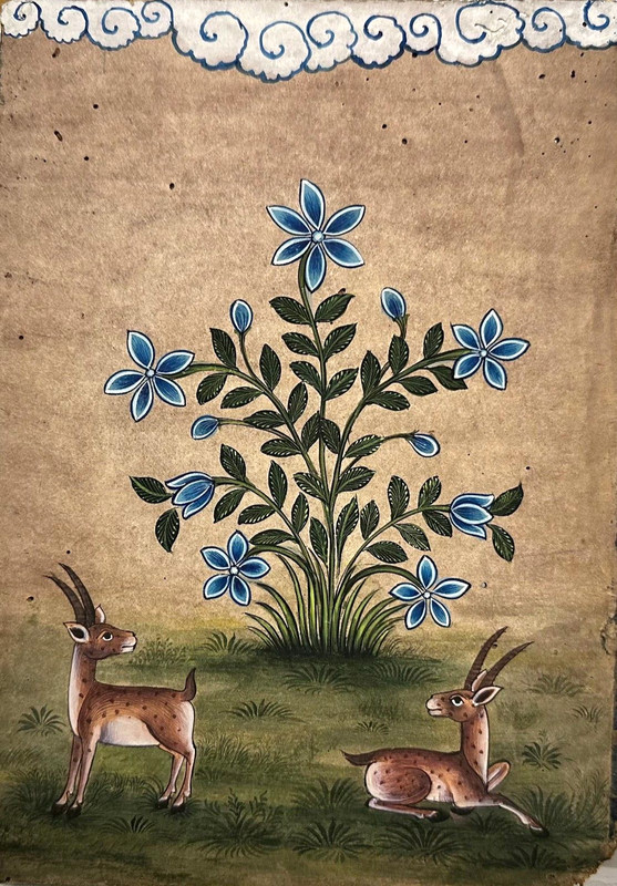 Tranquil Harmony – Flower and Deer Animal Handmade Painting on antique Paper