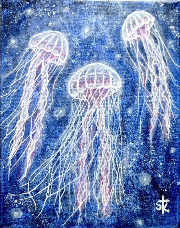 Original Hand Painted 8x10 Jellyfish Impressionist Acrylic Canvas Home Decor gallery