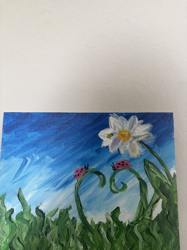 Ladybugs Daisy Flowers Original Naïve Art Acrylic Painting on Canvas