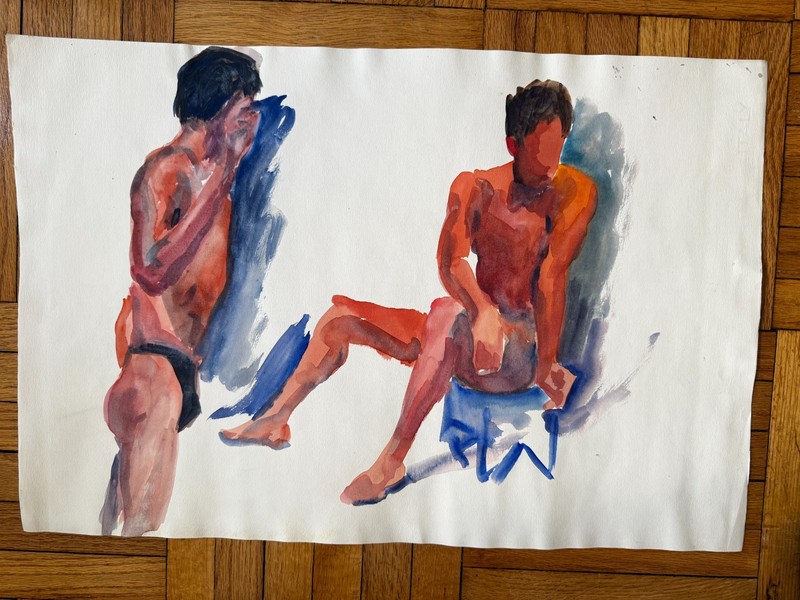 Vintage Watercolor Study Man Men Two Poses Peter Feldman Gay Int 15 x 22
