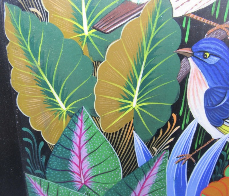 Signed Carlo Valtrain painting Haitian artist framed 13x15” birds/flowers/leaves gallery