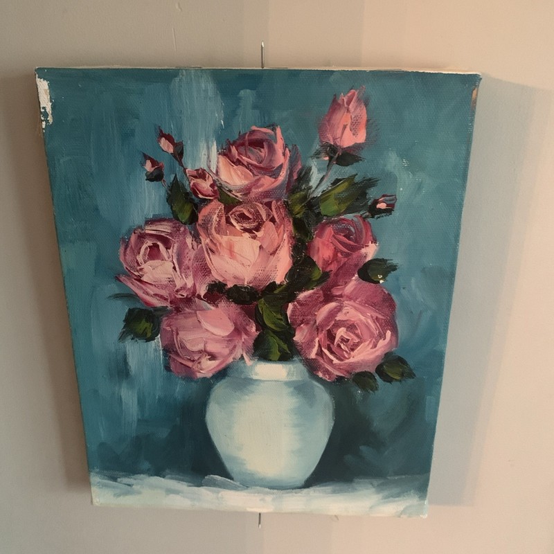 Oil painting Roses Vase On canvas Hand painted Vibrant Blue Pink Colors 9” x 8”