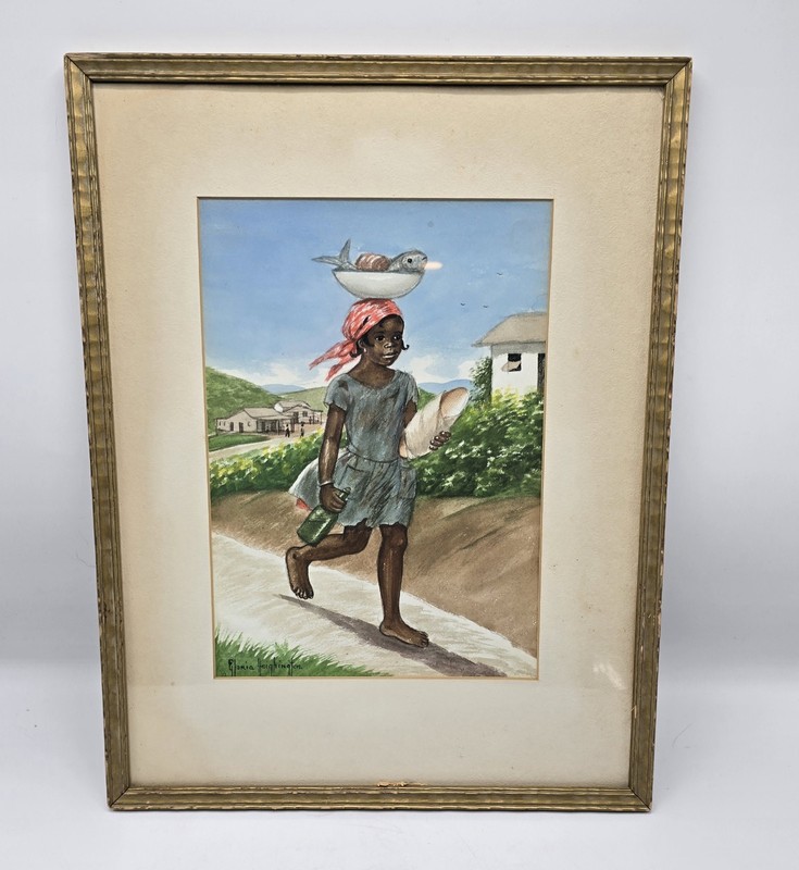 Jamaican Artist Gloria Heighington Signed Watercolor Painting-Young Girl Rural