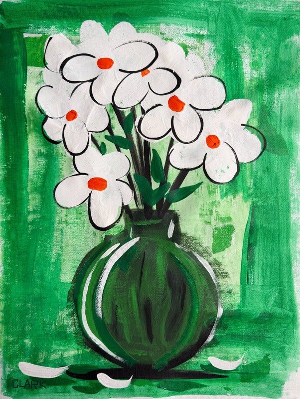 Original "White & Green Flowers - Set 1" - Acrylic Painting 16x12" Canvas Paper gallery