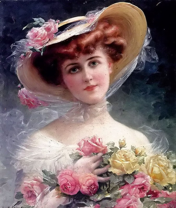 Oil painting emile vernon – la belle aux fleurs the beautiful flowers young lady