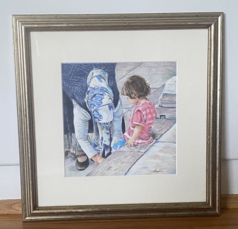 Lloyd Childers NC Original Framed Pastel Painting – Muslim Woman Helping Child