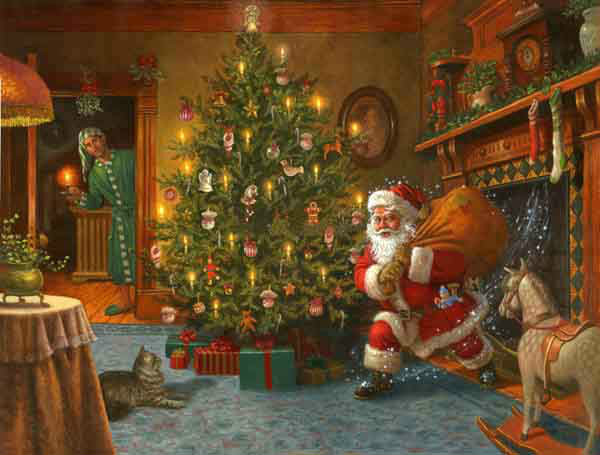 Beautiful Oil painting portraits Santa Claus and Christmas tree on canvas