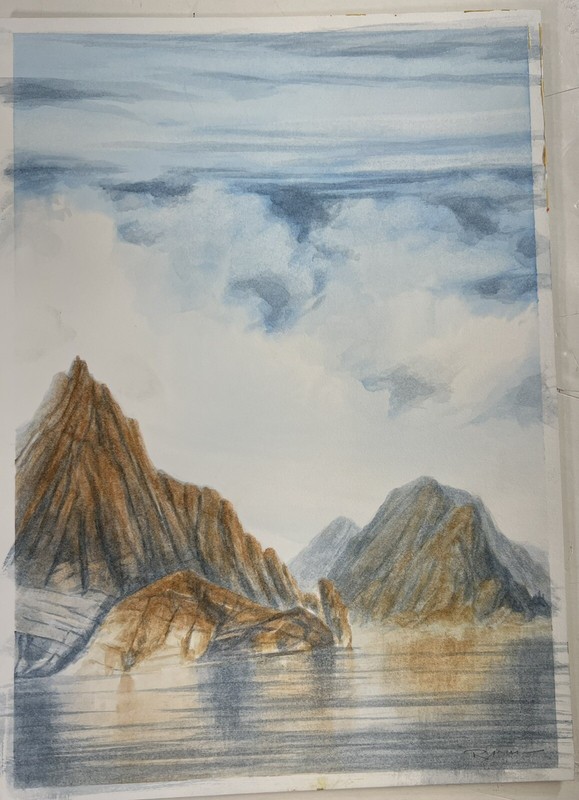 Rocky Hills By River Scene Watercolor Painting Signed Robert Ficarra