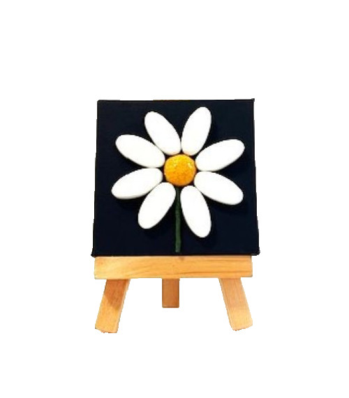 Mini Painting (3″ x 3″) on Canvas and Easel – White Daisy Made with Papier Mache