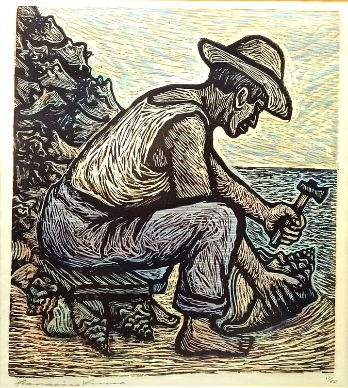 LISTED MEXICAN FRANCISCO LUNA SIGNED VINTAGE LE LINOCUT FISHERMAN w/ CONCH SHELL