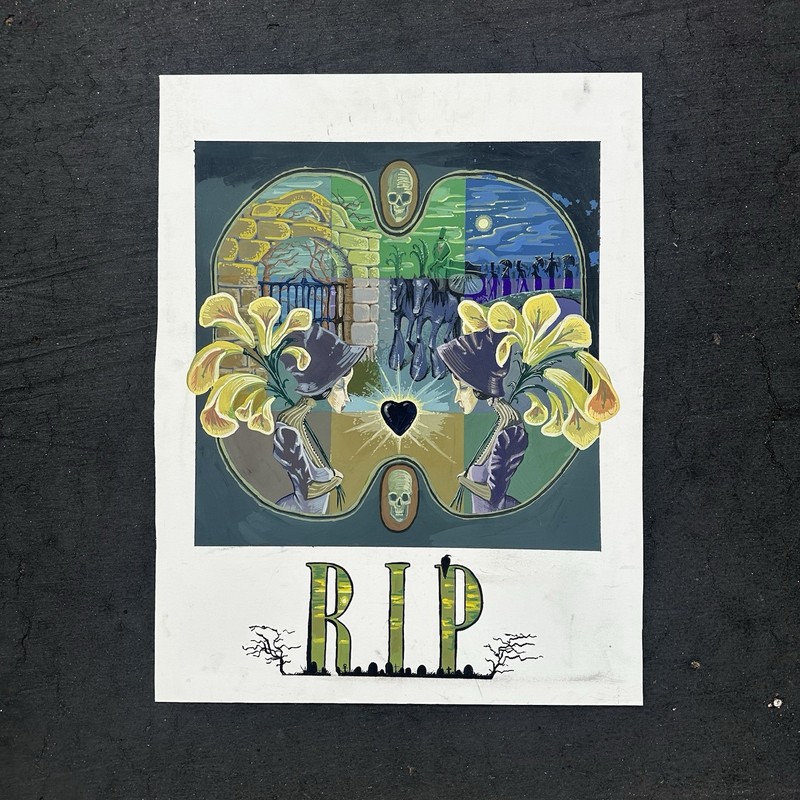 Painting RIP Funeral Procession Victorian Style Cemetery Lillies Halloween Art