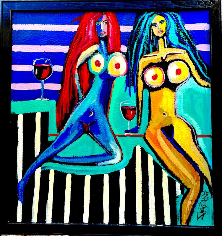 COLORFUL RED WINE NUDES 34 x 36 PAINTING SWARTZMILLER DNA SIGNED Pop Art UNIQUE