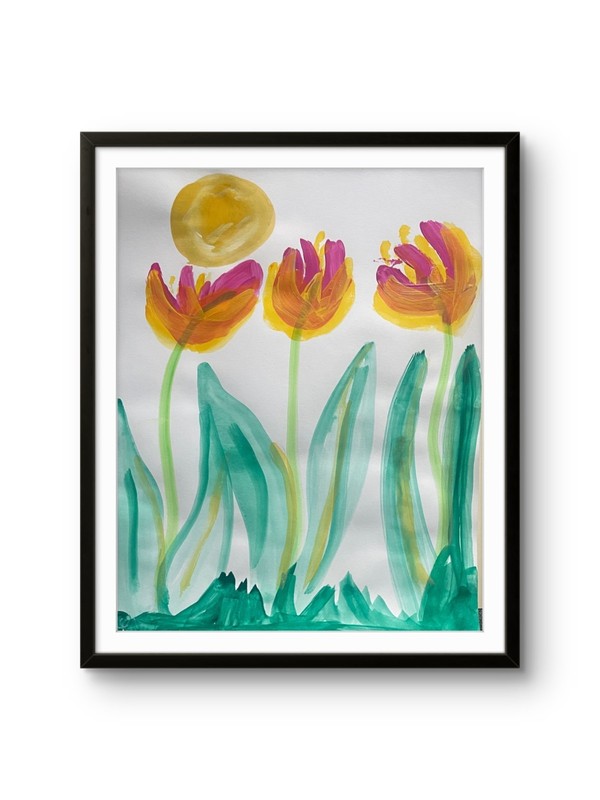 Tulip Sunny Trio 11X 14″ Neo Impressionist Acrylic Painting Loose Paper