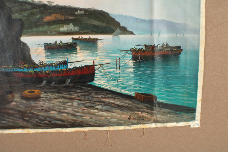 Antique Seascape With Boats And Mountains Scene Oil Painting Singed G. Levre gallery