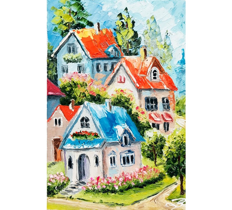 Miniature Original Art Tiny Home Decor Houses Landscape Nursery decor 6 x 4″