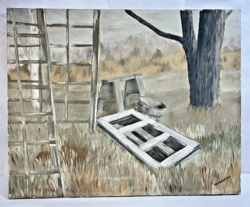 Original signed Hunsberger painting on canvas stretcher of ladders, sawhorse,+