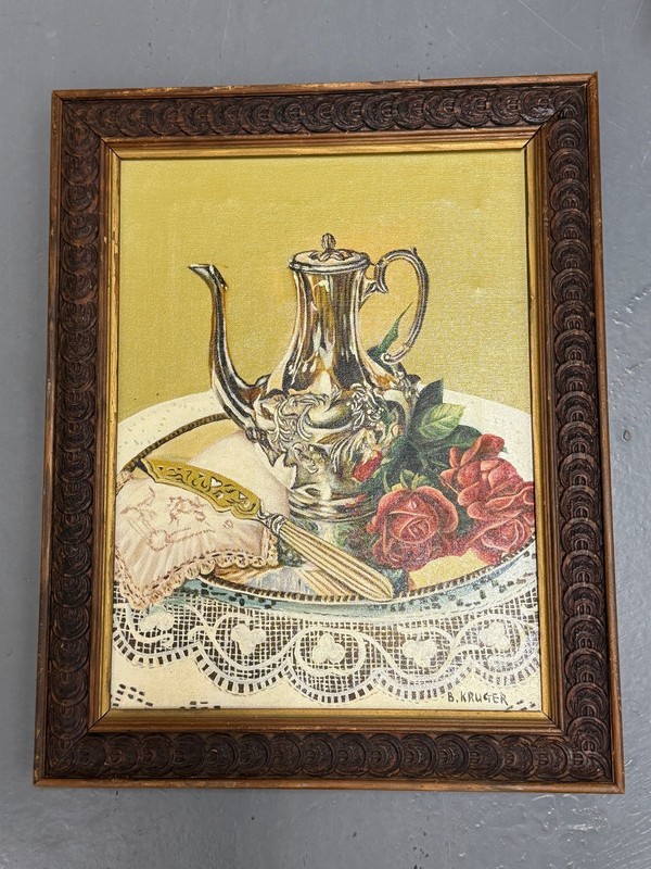 Ornate Silver Teapot with Red Roses Still Oil Painting 11.5X15 Signed B. Kruger