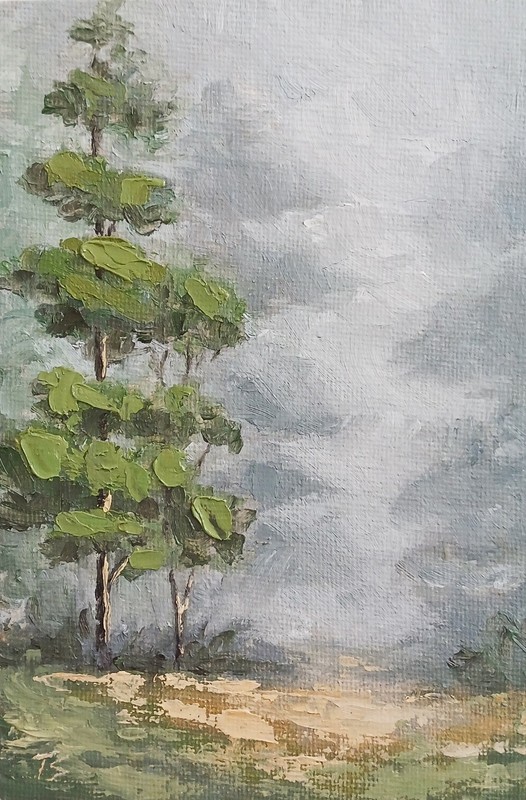 ORIGINAL Oil Painting Impressionism Foggy Moody Forest Pinetree 4″ x 6″ Fine Art