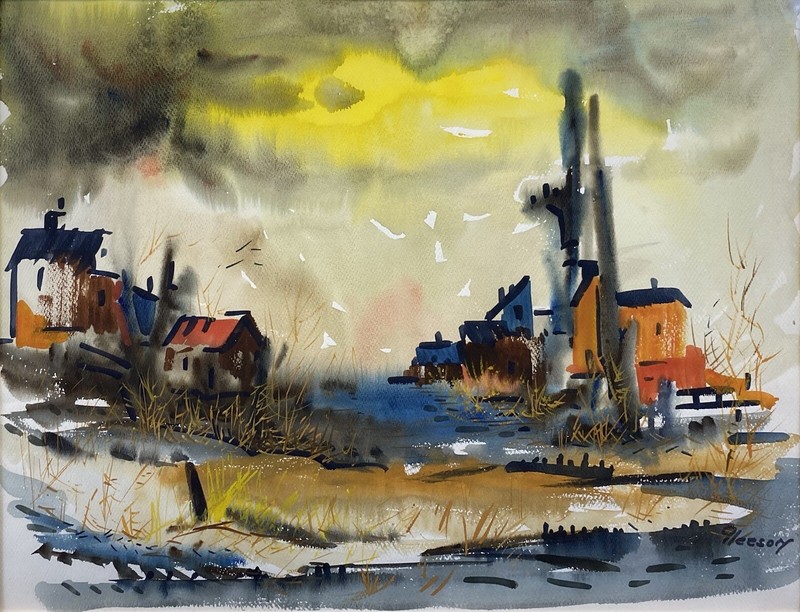 1950s Gerald Collins Gleeson Marine Industry Factory Seascape Modernist Painting gallery
