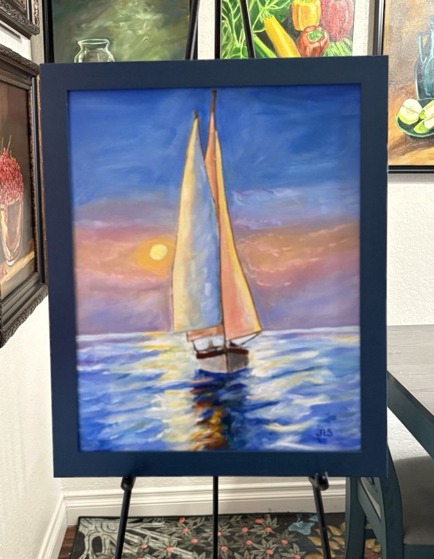 Sailboat at Sunset Original Acrylic Painting Framed 16×20 Coastal Art
