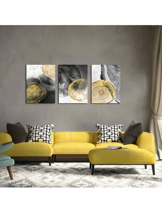 3 Panel Abstract Gold Modern Tree Ring Stretched Artwork 16x24 Inch Each