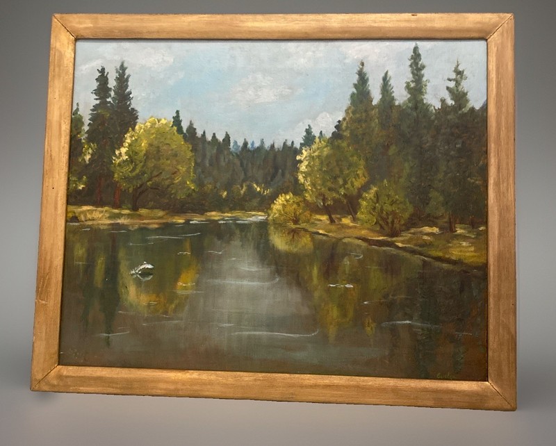 Vntg Original Oil Painting River Landscape Forest Fish Jumping 22” X 18” gallery