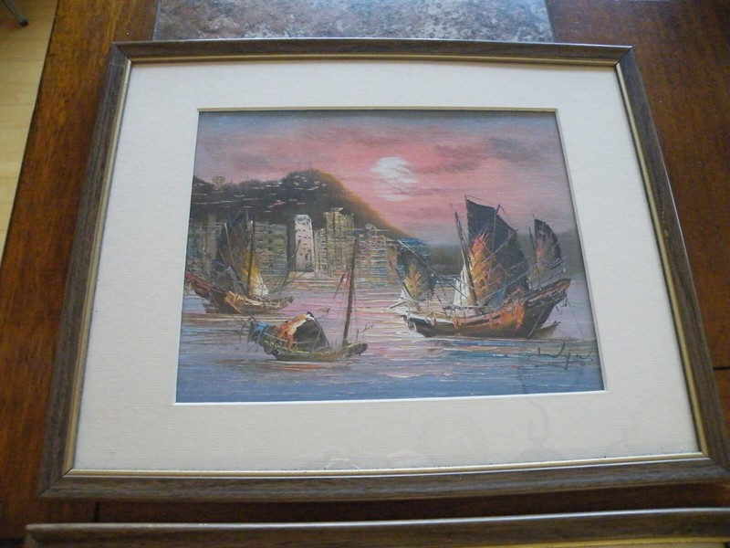 2 - Artist Signed Framed Oil Painting Chinese Junk Hong Kong Sunset Fishing gallery
