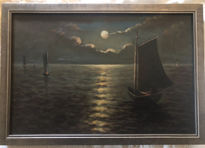 J.C. Spencer Signed:”Ships In The Moonlight” Oil On Canvas Custom Framed