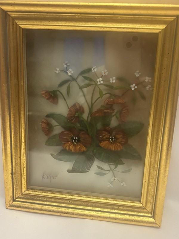 EDMOND J NOGAR ORIGINAL DIMENSIONAL OIL PAINTING ON PLATE GLASS ART PANSIES
