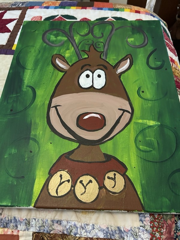 “Crazy Reindeer” From Paint & Sip Houston Event Artist S.E. 15.5”x20” Canvas