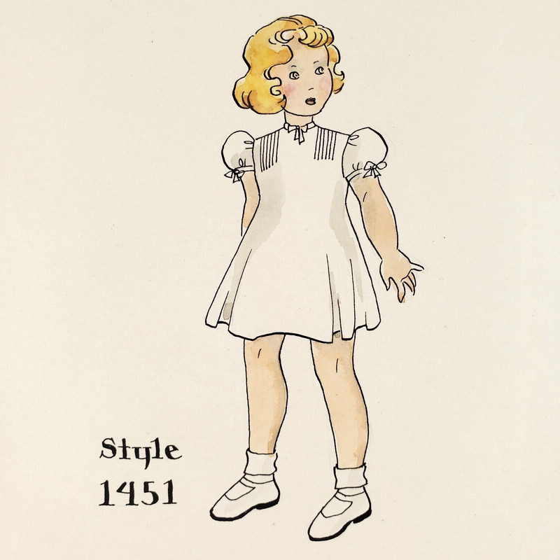 White Puff Sleeve Dress Art 1940s Child Costume Fashion Watercolor Painting B394