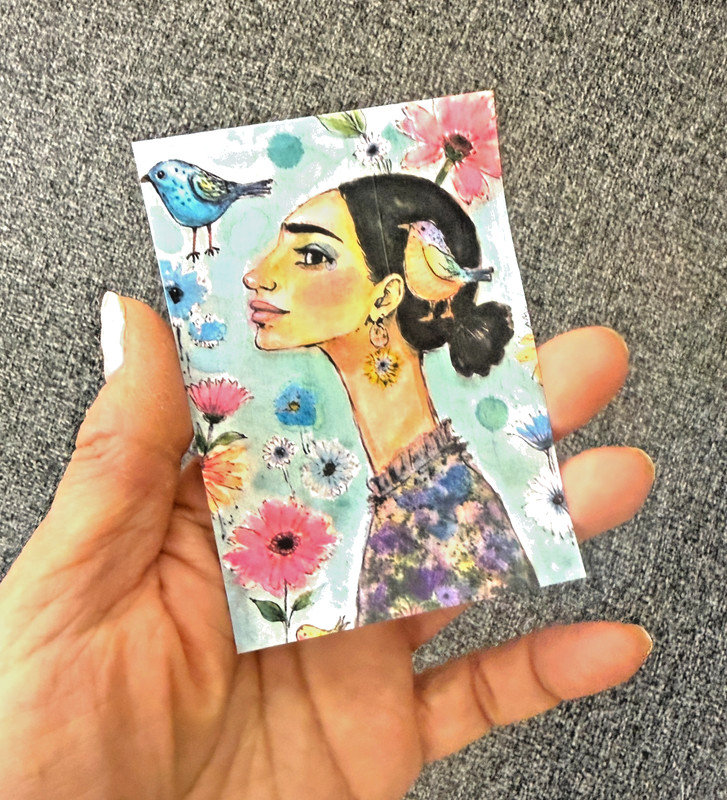 OOAK Woman & Birds ACEO Mixed Media Art Whimsical Portrait Miniature by AdriO gallery