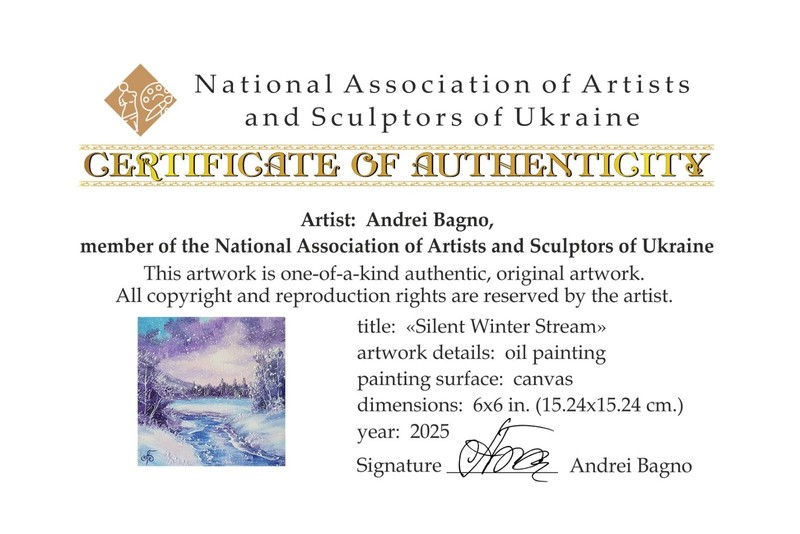 Original Winter River Landscape Oil Painting Morning Snowfall Blue Purple Art gallery