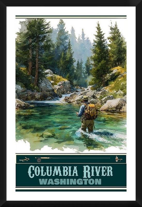 Columbia River Washington Fishing Travel Poster Prints Framed Or Canvas Art gallery