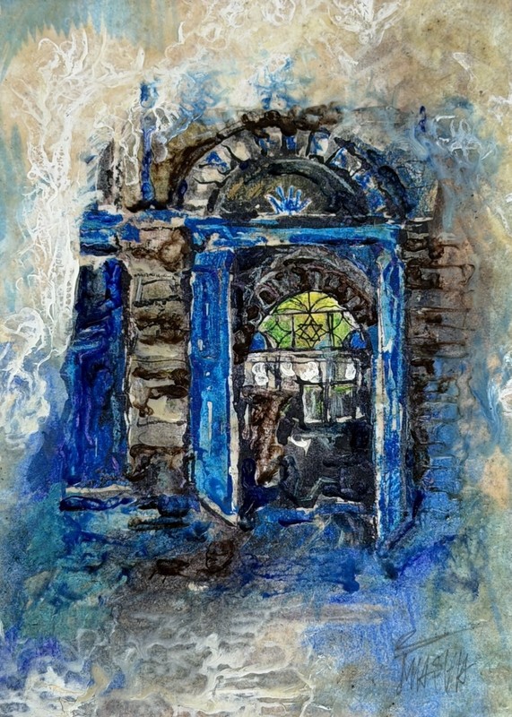Expressive Blue Architectural Doorway Painting Signed Masha Orlovich Israel