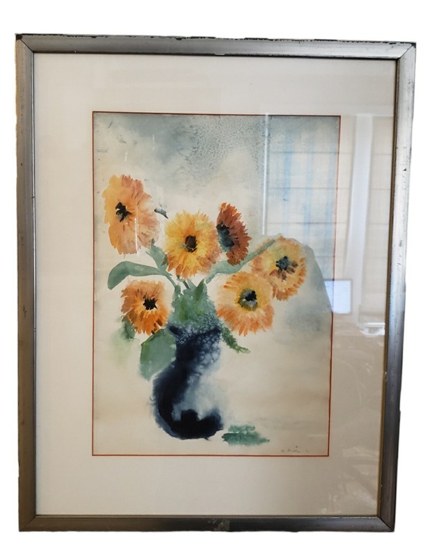 Vintage Watercolor Still Life Flowers In Vase Signed 1970s Framed Art