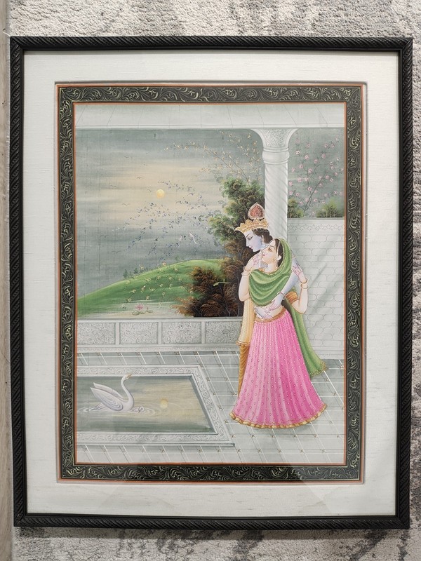 Indian Radha Krishna Miniature Watercolor Painting Silk Lover Watch Swan Artwork