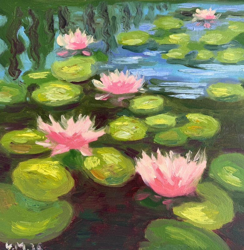 Original Oil Landscape Painting Water Lilies Impressionism Signed Wall Art 12×12