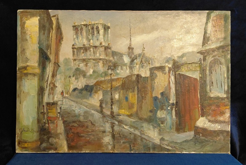 Original Andre Besse 24×36 Oil Painting Notre Dame Paris Street Scene Vintage