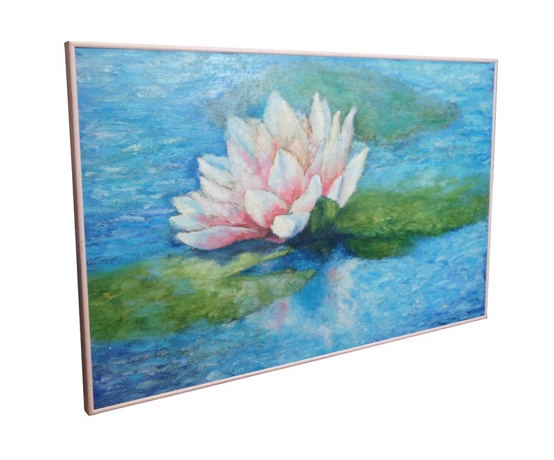 Large Vintage Impressionist Pink Water Lily Pad Oil Painting on Board 40" gallery