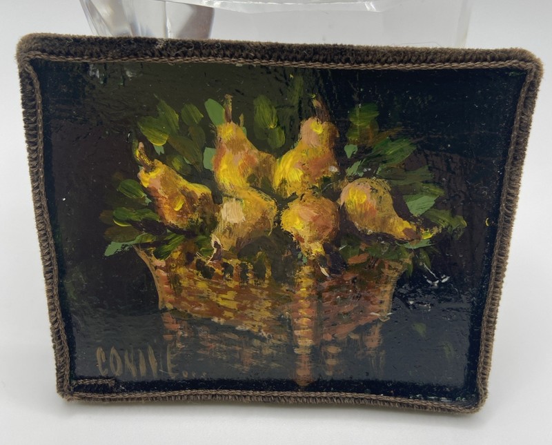 Vintage Mini Pear Still Life - Fruit Basket Miniature Oil Painting -Signed gallery