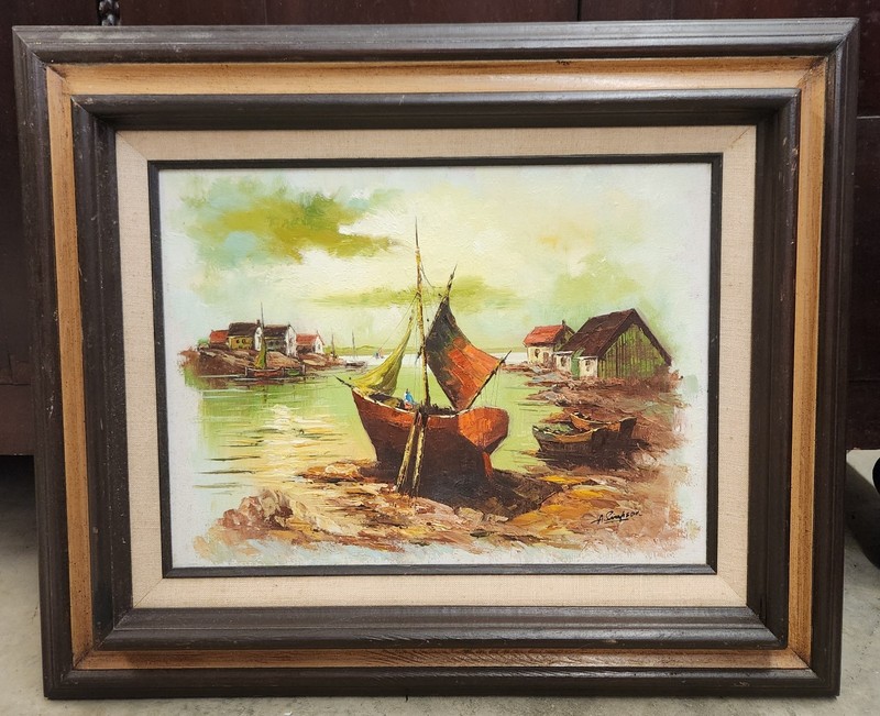 Vintage Framed/Matted Oil Painting On Canvas Alan Simpson Coastal Scene Sailboat