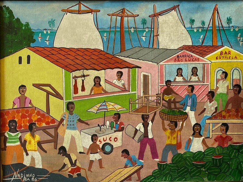 Vintage Bahia Brazil Market Nautical Seascape Portrait Naive Folk Boat Painting gallery