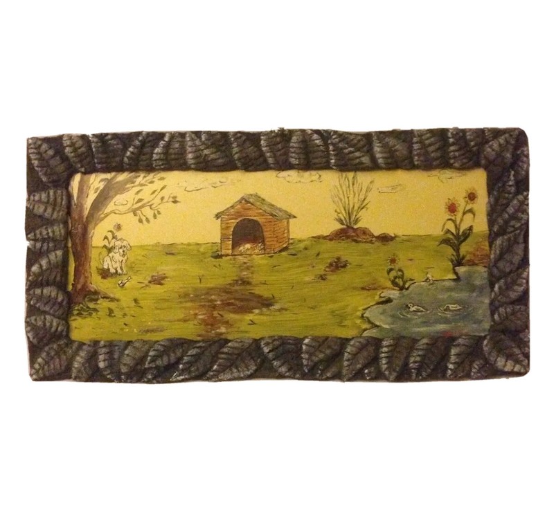 🇺🇸 DOGS & DUCKS, ORIGINAL ACRYLIC PAINTING/PLYWOOD, HANDMADE PAPER MACHE FRAME