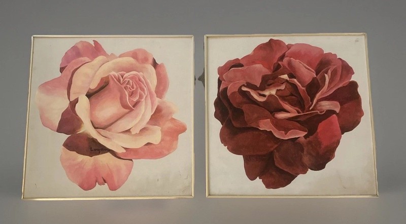 Vntg MCM Original Oil Painting Pink Red Rose Still Life 24” X 24” Set Of 2