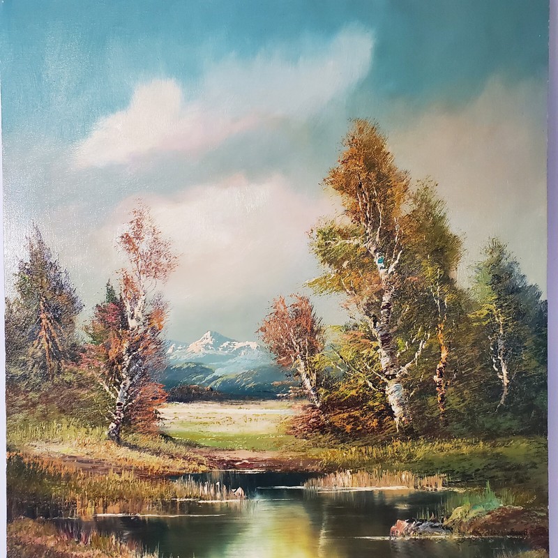 H Ross Signed 30x24 Vtg 1980s Oil Canvas Landscape Painting Mountains River Wood gallery